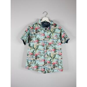 Ron Jon Surf Shop Button Down Mens Small Blue Excellent Flamingo Tropical Shirt
